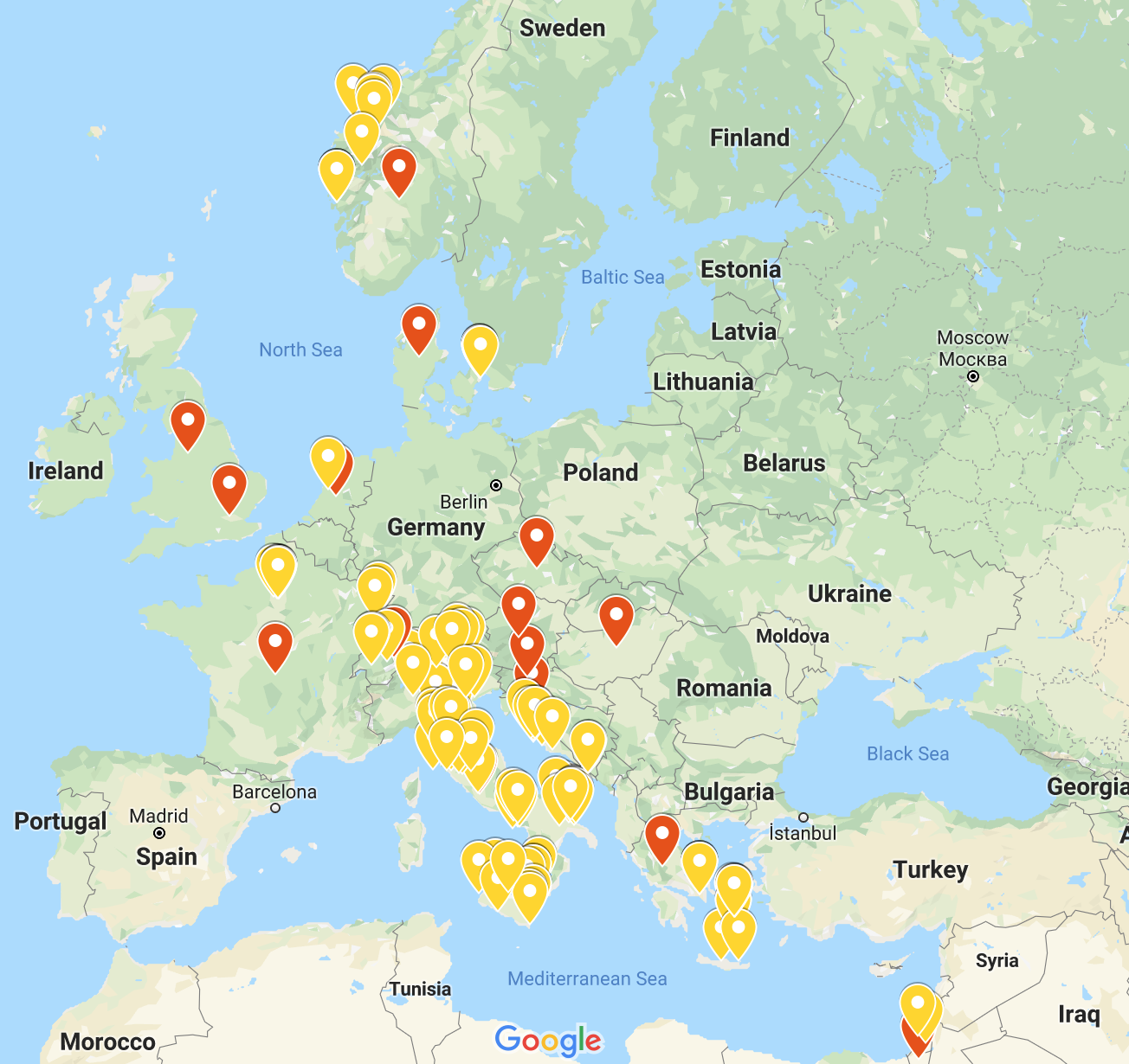 Everywhere we explored (countries in red and cities in yellow)